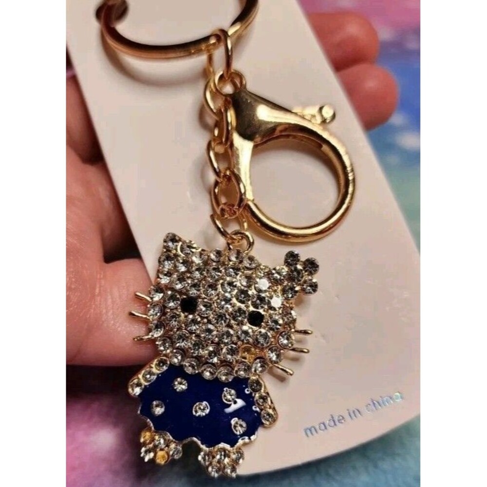 Hello Kitty Blue Dress Rhinestone Keychain With Clip Bling Sanrio Character